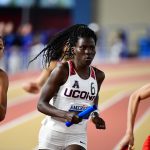 Susan Aneno competes in the 4 x 400 meter relay. The team earned second place. Aneno won gold for her first-place finish in the 800 meter individual event. (Ben Solomon/AAC Photo)