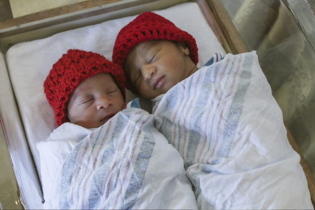 Newborn babies at UConn Health during February are each receiving a red hat for Heart Health Month, to help raise awareness of congenital heart disease. (Ethan Giorgetti/UConn Health Photo)