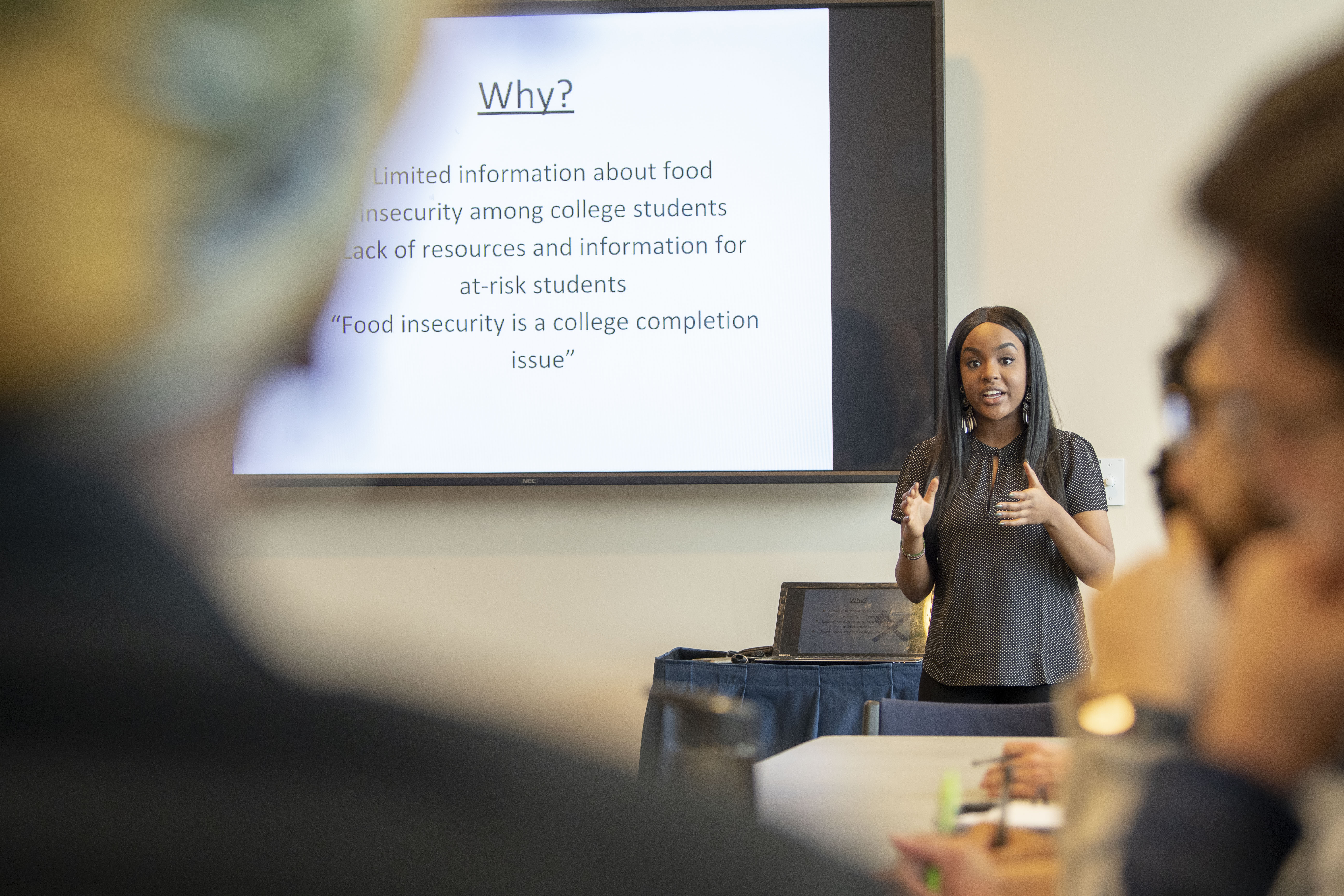 Wanjiku Gatheru ’20 (CAHNR) addresses a roundtable on food insecurity at the Student Union on Feb. 11. (Sean Flynn/UConn Photo)