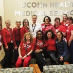 Staff at the Storrs office of UConn Health donned their red gear, to raise awareness about cardiovascular disease, and kicking off American Heart Month on Feb. 1, 2019. (Tina Encarnacion/UConn Health Photo)