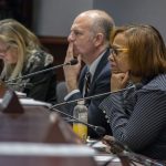 Members of the Appropriations Committee of the Connecticut General Assembly listen to UConn students' testimony. From left, State Sen. Joan Hartley (Middlebury, Naugatuck, Waterbury), State Rep. Gregg Haddad (Mansfield), and State Rep. Toni Walker (New Haven). (Ariel Dowski for UConn)