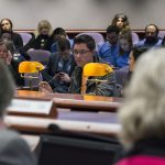 Honors student Garrett D'Amato testifies to the Appropriations Committee of the Connecticut General Assembly on March 7. (Ariel Dowski for UConn)