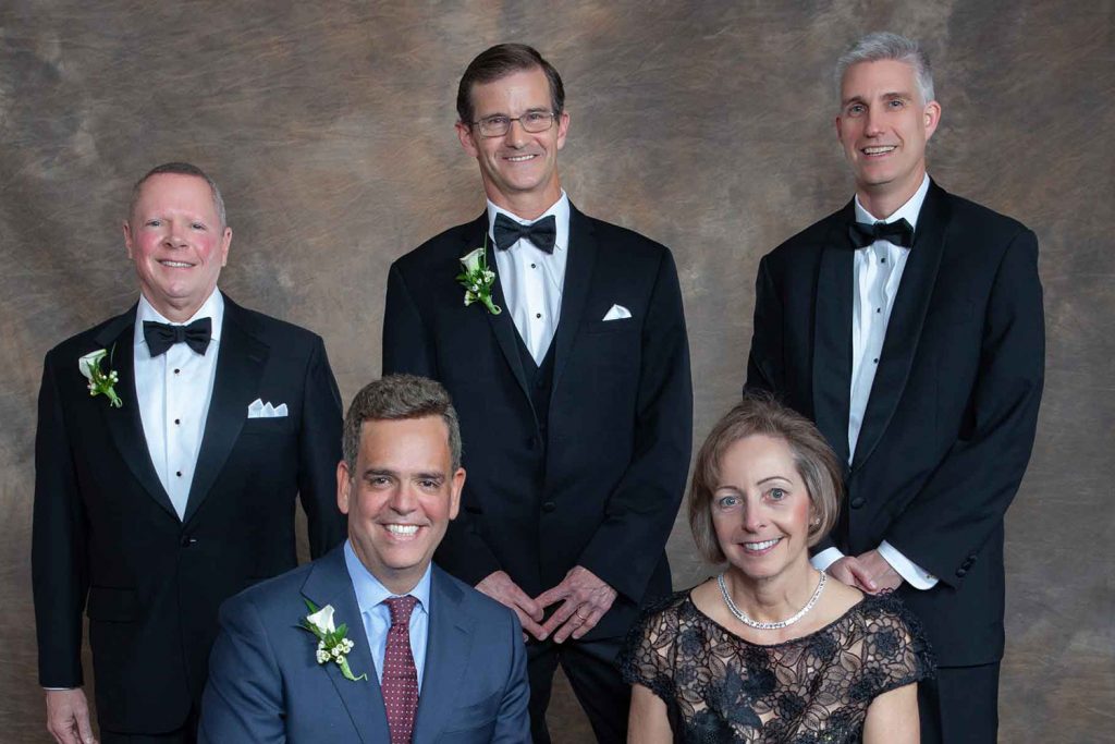 The new inductees into the UConn School of Business Hall of Fame posed for a picture prior to the event. From left standing: James Whalen ’82, Robert Chauvin ’78, and David Souder, interim Dean of the UConn School of Business. From left, seated: , George A. Barrios ’87, ’89 MBA and Mary Laschinger ’92 EMBA. (Thomas Hurlbut Photography)