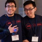 Zach Sola ’19 (ENG) and Ray Li ’19 (ENG), show off their ‘Hydr8’ – a ring designed to monitor water consumption and encourage people to drink enough water daily. (Lucas Voghell ’20 (CLAS)/UConn Photo)