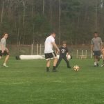 Before his official signing, Maddox first met with a small group of players from the team. They attended a UConn Baseball game together, then spent a couple of hours kicking a ball around on the practice soccer field. (Photo by Sherry Bruening)