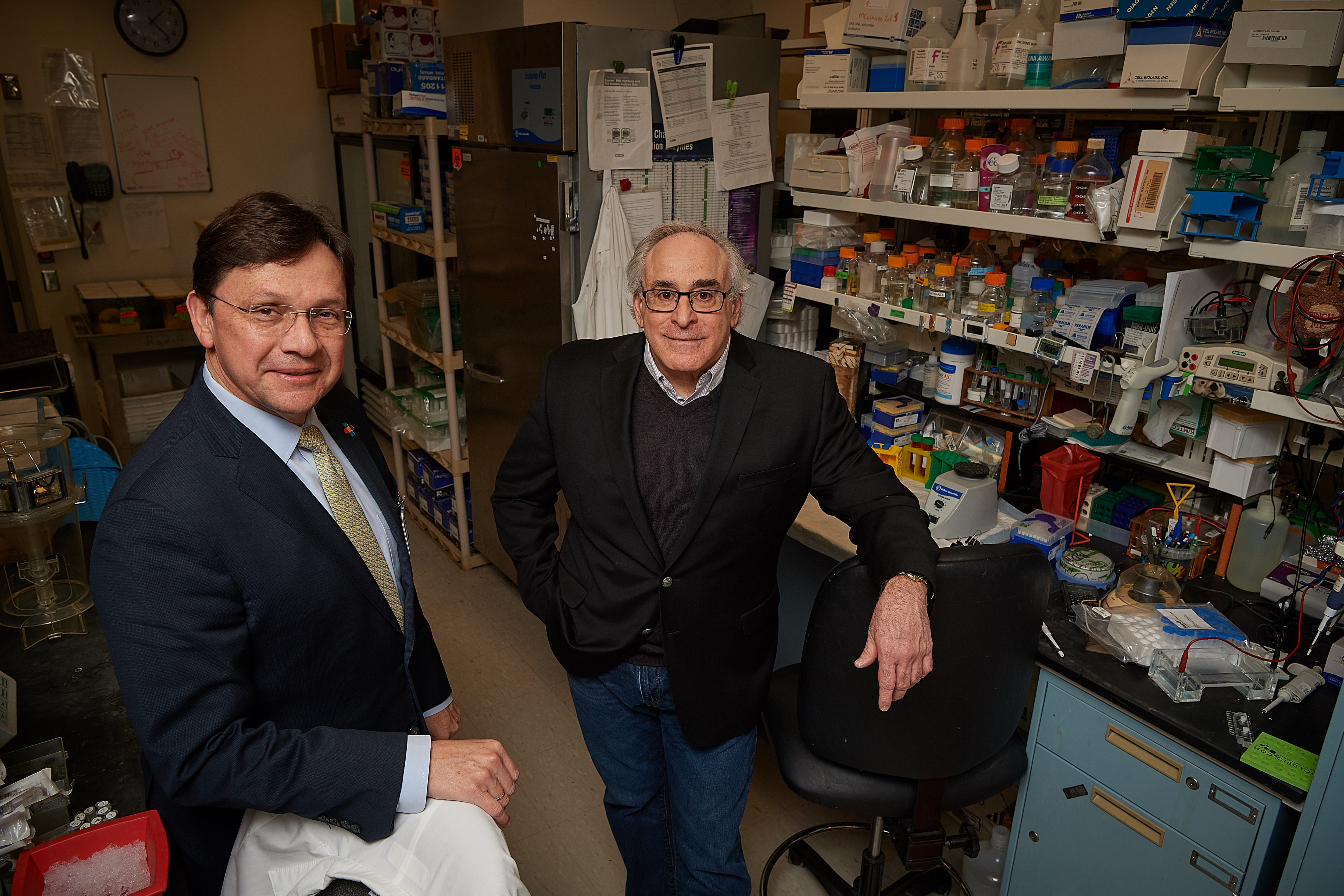 Juan Salazar, left, and Justin Radolf at Radolfs's lab at UConn Health in Farmington on March 7, 2019. (Peter Morenus/UConn Photo)