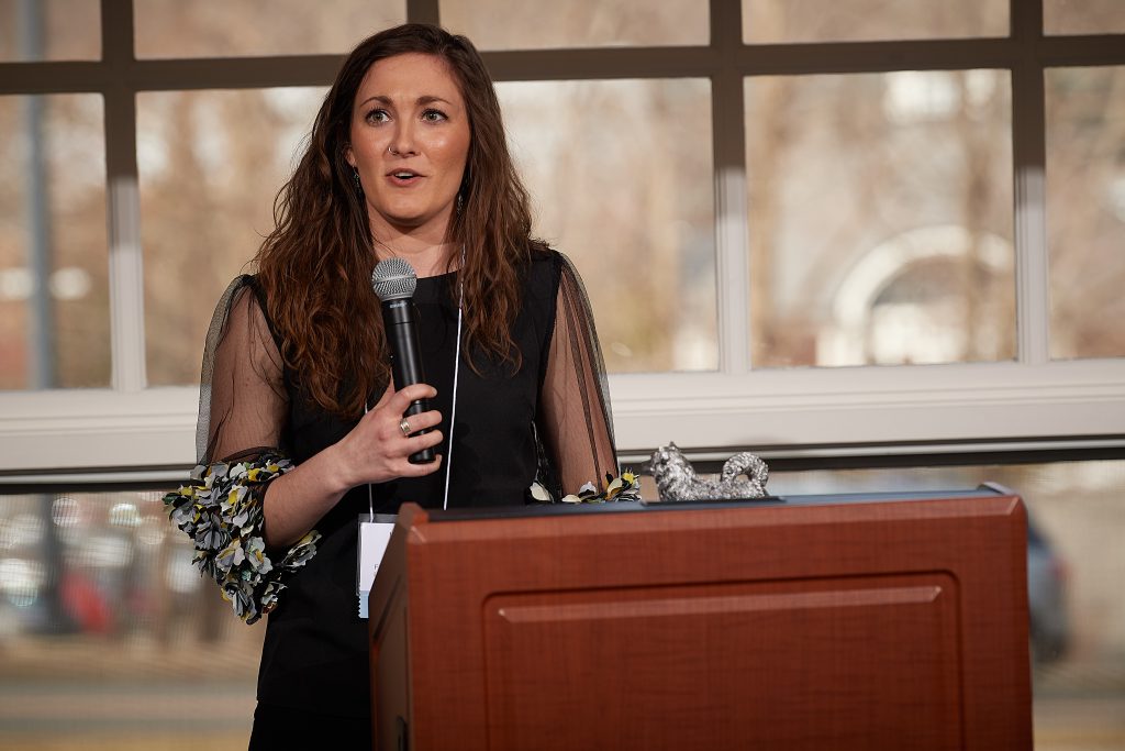 Helena DeBald of First Year Programs and Learning Communities won the rising star award at the UConn Spirit Awards ceremony at the Alumni Center. (Peter Morenus/UConn Photo)