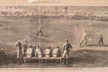 A drawing from Harper’s Weekly depicts a game between the Red Stockings and the Brooklyn Atlantics. (New York Public Library)
