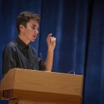 David Hogg, a Parkland school shooting survivor, speaks about gun violence and student activism at the Student Union Theatre, as part of this spring's Metanoia. (Sean Flynn/UConn Photo)
