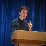 David Hogg, a Parkland school shooting survivor, speaks about gun violence and student activism at the Student Union Theatre, as part of this spring's Metanoia. (Sean Flynn/UConn Photo)