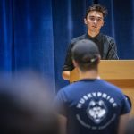 David Hogg listens to a question from Sawyer McCrabb ’19 (CLAS) during a Q&A session at the Student Union Theatre on March 4. (Sean Flynn/UConn Photo)
