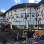 Anna Aldrich outside The Globe – a reconstruction of the Globe Theatre, an Elizabethan playhouse associated with William Shakespeare – in London, England.