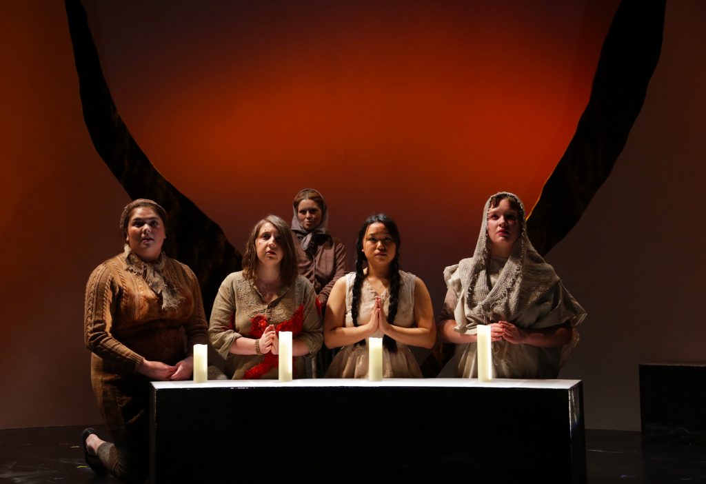 From left, Eilis Garcia (The Pregnant One), Elizabeth Jebran (The Bleeding One), Adrianna Simmons (The One with Dwindling Dignity), Pearl Matteson (The Young One), and Willow Giannotti-Garlinghouse (The Pious One) in Connecticut Repertory Theatre’s production of ‘If We Were Birds’ by Erin Shields, onstage in the Studio Theatre through April 7. (Gerry Goodstein for UConn)