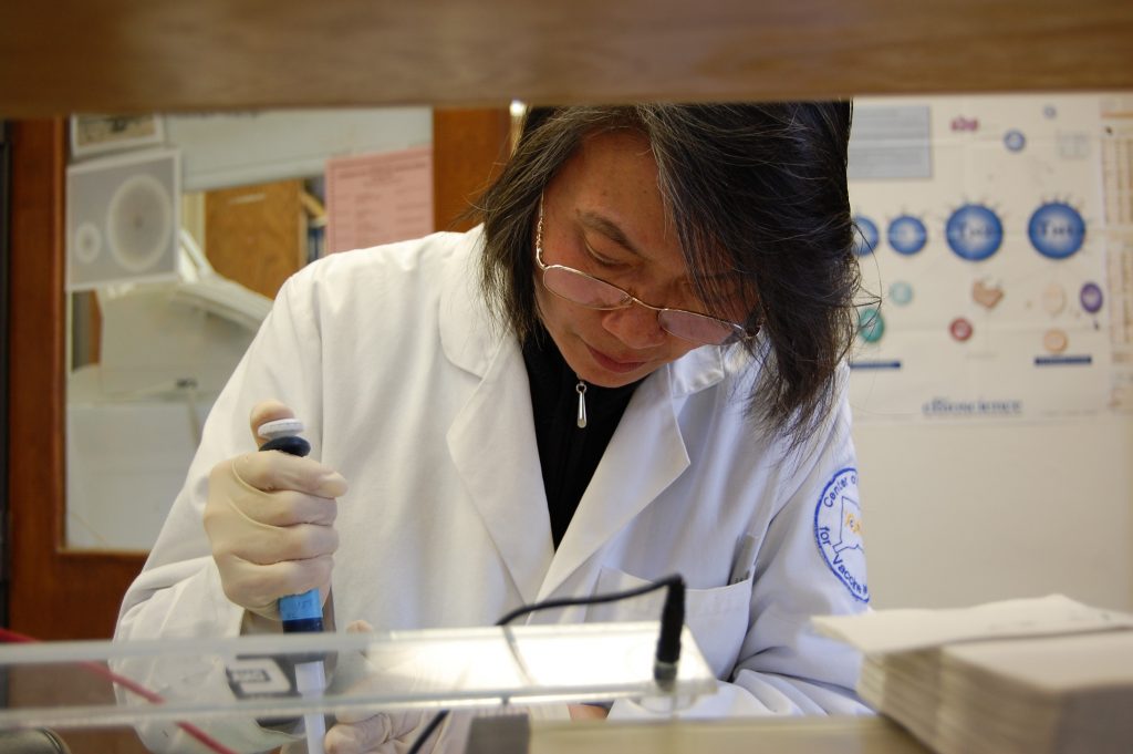 Research technician, Xiaofen Liao, works in the Geary lab at the UConn Center of Excellence for Vaccine Research (UConn Photo).