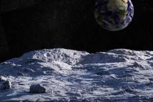 Moon surface with distant Earth and starfield. (Getty Images)