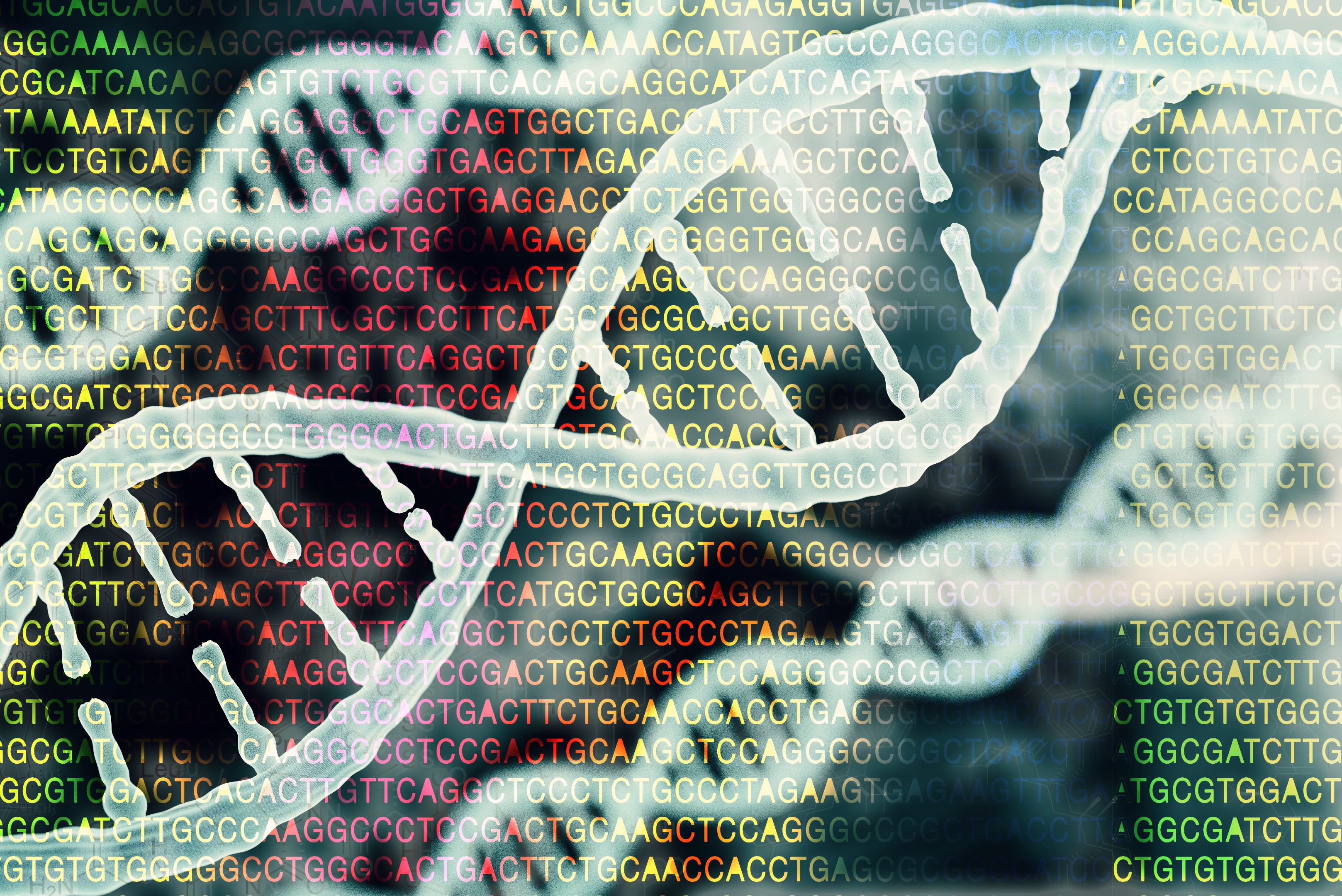 Biotechnology/bioinformatics concept showing DNA and protein letter background. (Getty Images)