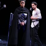 Aaliyah Habeeb (King Henry) and Sebastian Nagpal (Hal) in Shakesepeare’s Henry IV onstage at Connecticut Repertory Theatre through May 5. (Gerry Goodstein for UConn)
