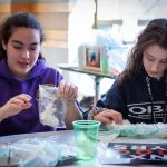 Madeline Ross (left) and Taylor DelMastro (right) from Horace W. Porter School in Columbia, Connecticut use common materials to cross-link a polymer and observe the physical changes from cross-linking. (Christopher LaRosa/UConn Photo)