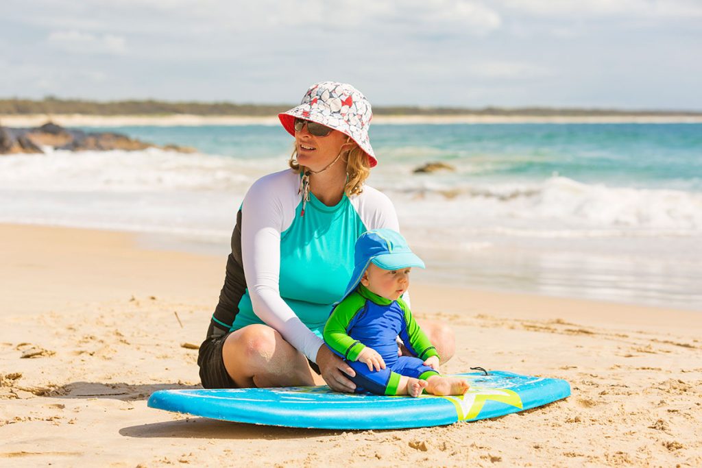 Mom and kid in protective clothing