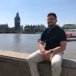 Omaniel Ortiz '20 (CAHNR) by the River Thames with Big Ben (shrouded in scaffolding) in the background. Big Ben, the iconic clock tower of the Houses of Parliament in London, is currently undergoing major renovations.