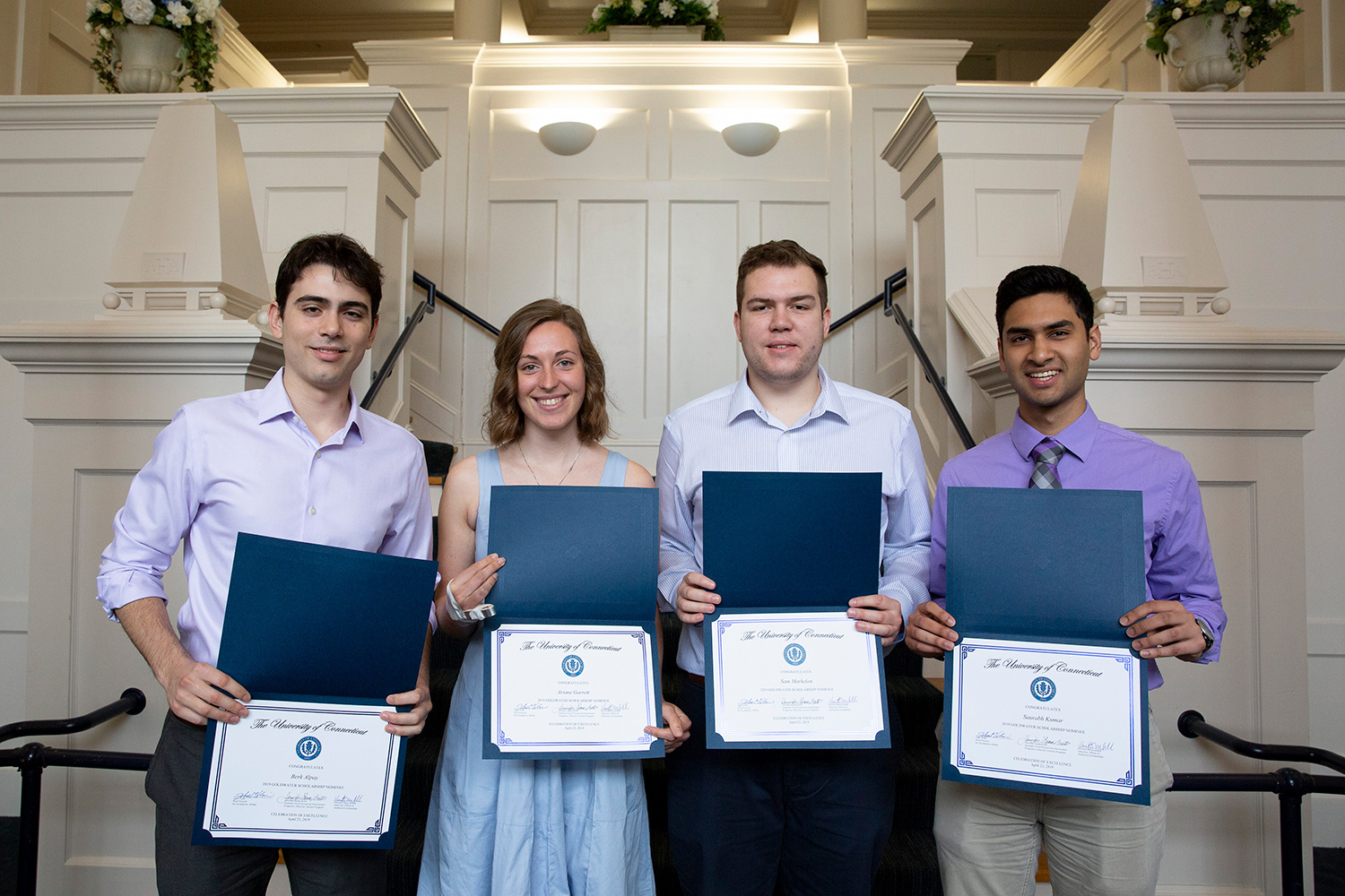 UConn's 2019 Goldwater Scholars during the Office of National Scholarships and Fellowships' 2019 Celebration of Excellence at the Alumni Center on April 23. This year for the first time, all four of the UConn students nominated as Goldwater Scholars were successful. (Bri Diaz/UConn Photo)