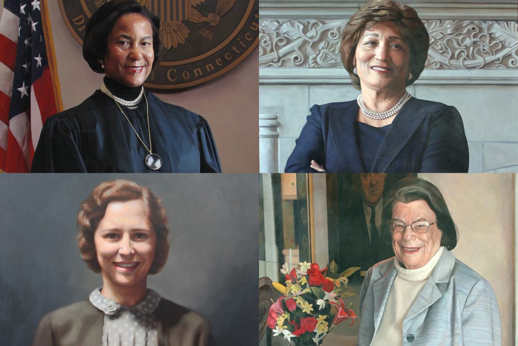 Clockwise from top left: Vanessa Bryant, the first African American federal judge in New England; Linda Kelly, the first woman and the first African American to serve as president of the Hartford Foundation for Public Giving; Ellen Ash Peters, the first female chief justice of the Connecticut Supreme Court; Caroline Lillard, founder of the law school and administrator and librarian in its early years.