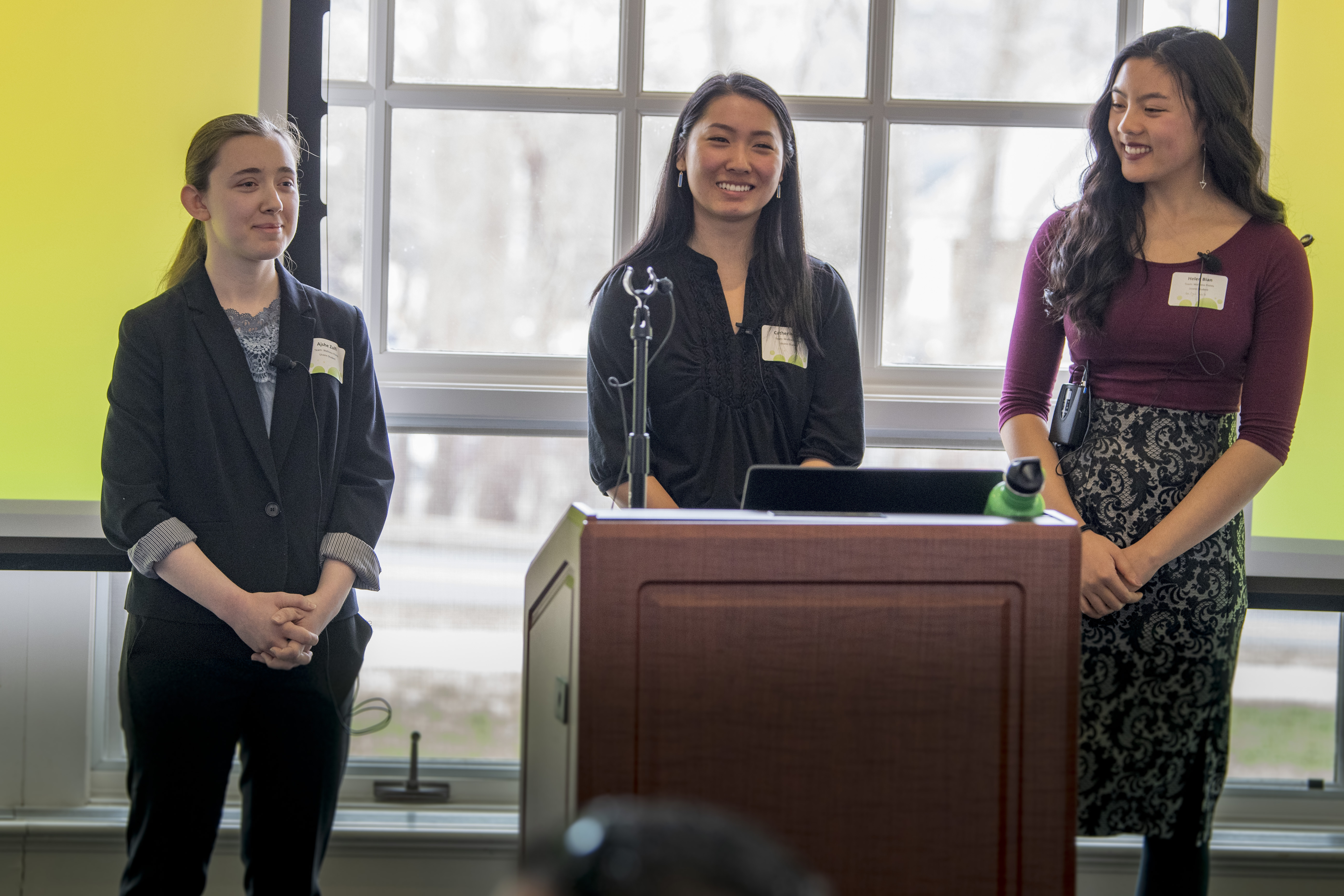 From left, Ajshe Zulfi ’21 (BUS), Catherine Qiu ’21 (CLAS), and Helen Bian ’21 (CLAS) won the 2019 Wellness Case Competition on April 5 with their proposal for 'Wellness Points' to foster student well-being. (Sean Flynn/UConn Photo)