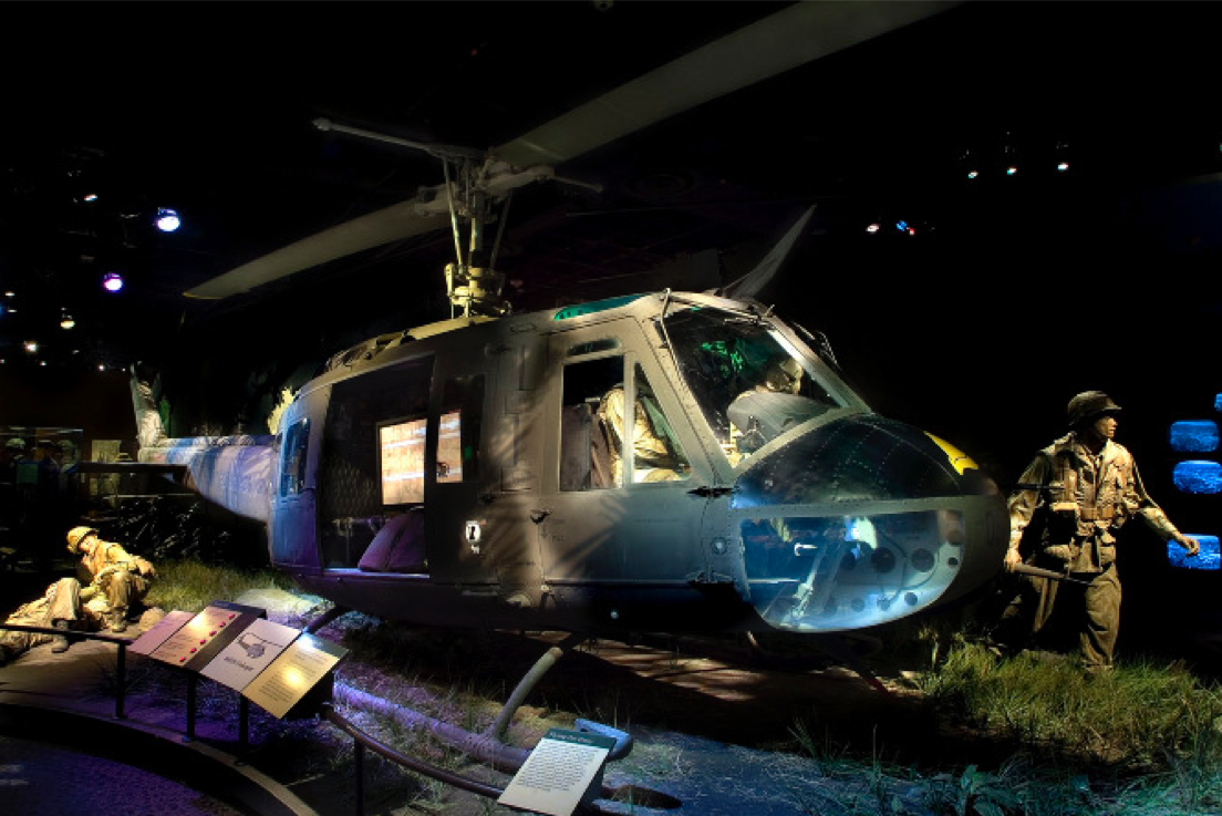 A U.S. Bell UH-1 Iroquois 'Huey' helicopter that saw combat in the Vietnam War, on display at the Smithsonian Museum of American History. Political scientist Christine Sylvester argues that exhibits like this valorize war. (Photo courtesy of Christine Sylvester)