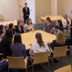 Students from Miss Porter’s School meet with UConn Nursing student entrepreneurs at UConn’s Werth Institute. (Lucas Voghell ’20 (CLAS)/UConn Photo)