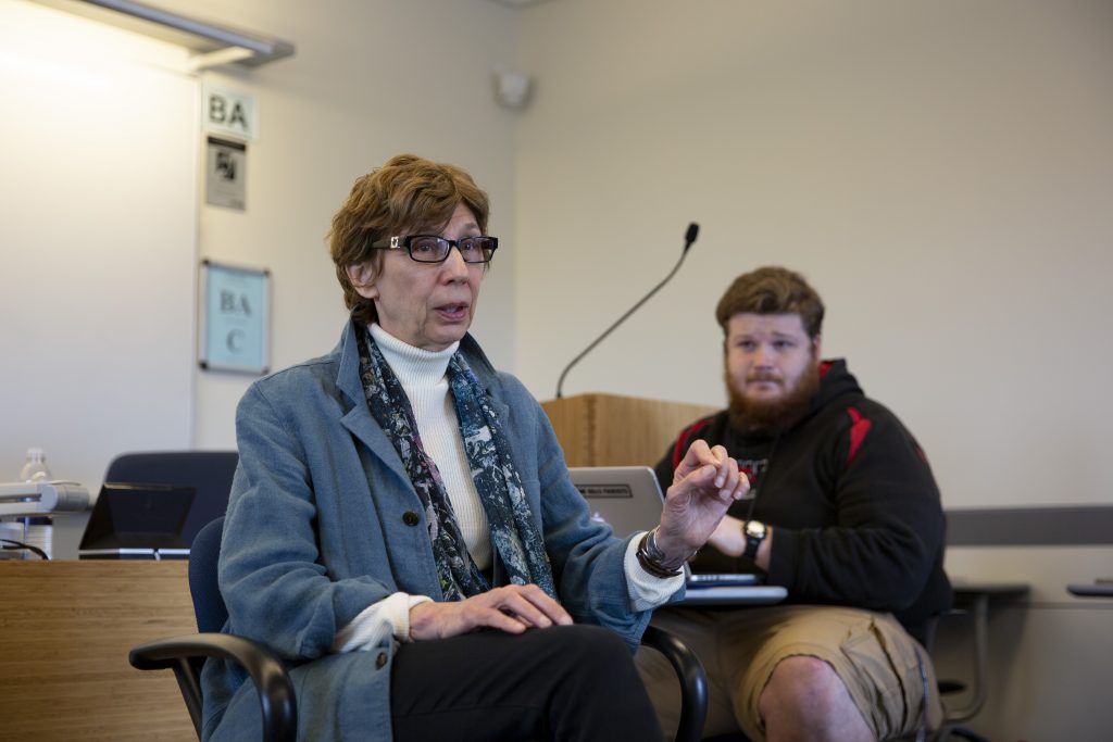 Christine Sylvester, professor of political science, leads a political science class on Gender and War. (Bri Diaz/UConn Photo)
