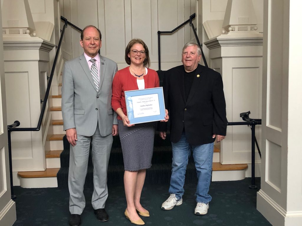 Kent Holsinger, Dean, The Graduate School at UConn; Sandra Chafouleas, Professor and 2019 recipient of the Edward C. Marth Mentorship Award; and Edward C. Marth, former Executive Director of the UConn AAUP chapter (Cinnamon Adams)