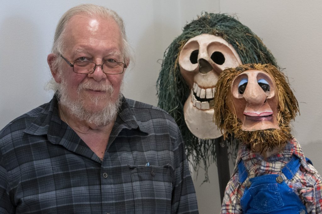 The Ballard Institute and Museum of Puppetry is celebrating Puppet Arts program director Bart Roccoberton’s career as puppeteer and educator with an exhibition of nearly 100 puppets he and his collaborators and students created. Shown here are Captain Kidd (back) and Dougie Hutchins from 'Tales of the Leatherman'. (Sean Flynn/UConn Photo)