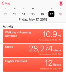 Screen grab of Pierre LePage's step tracker, showing 10.9 miles and 28,274 steps on May 17
