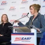 President Susan Herbst, right, speaks at the event announcing UConn's return to the Big East athletic conference, as Val Ackerman, Big East commissioner, looks on. (Peter Morenus/UConn Photo)