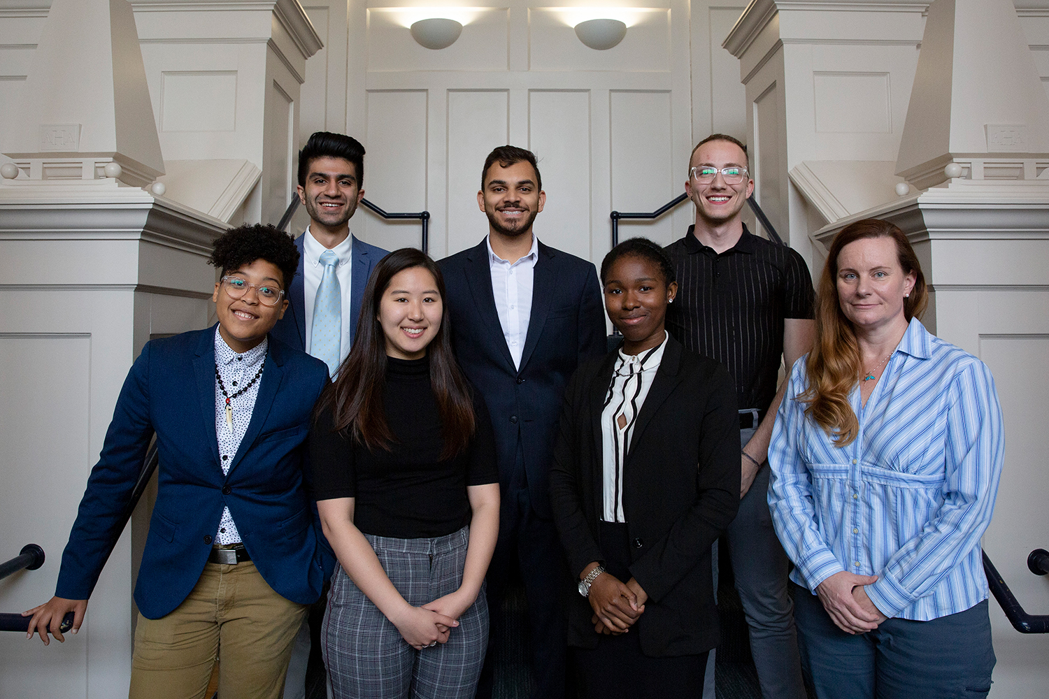 The 2019 Fulbright U.S. Student Program honorees. First row, from left to right: Chriss Sneed, Ph.D. student in sociology; Angela Kang ’19 (CLAS); Brianna McClure ’19 (CLAS); Kim Sawicki ’19 (CAHNR). Second row, from left to right: Sahil Laul ’19 (CLAS); Dhruv Shah ’19 (CLAS); Omar Taweh ’19 (CLAS). (Bri Diaz/UConn Photo)