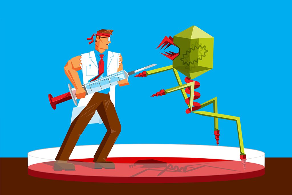 illustration of a muscular scientist fighting an oversized virus using a vaccine syringe in an arena shaped like a Petri dish.