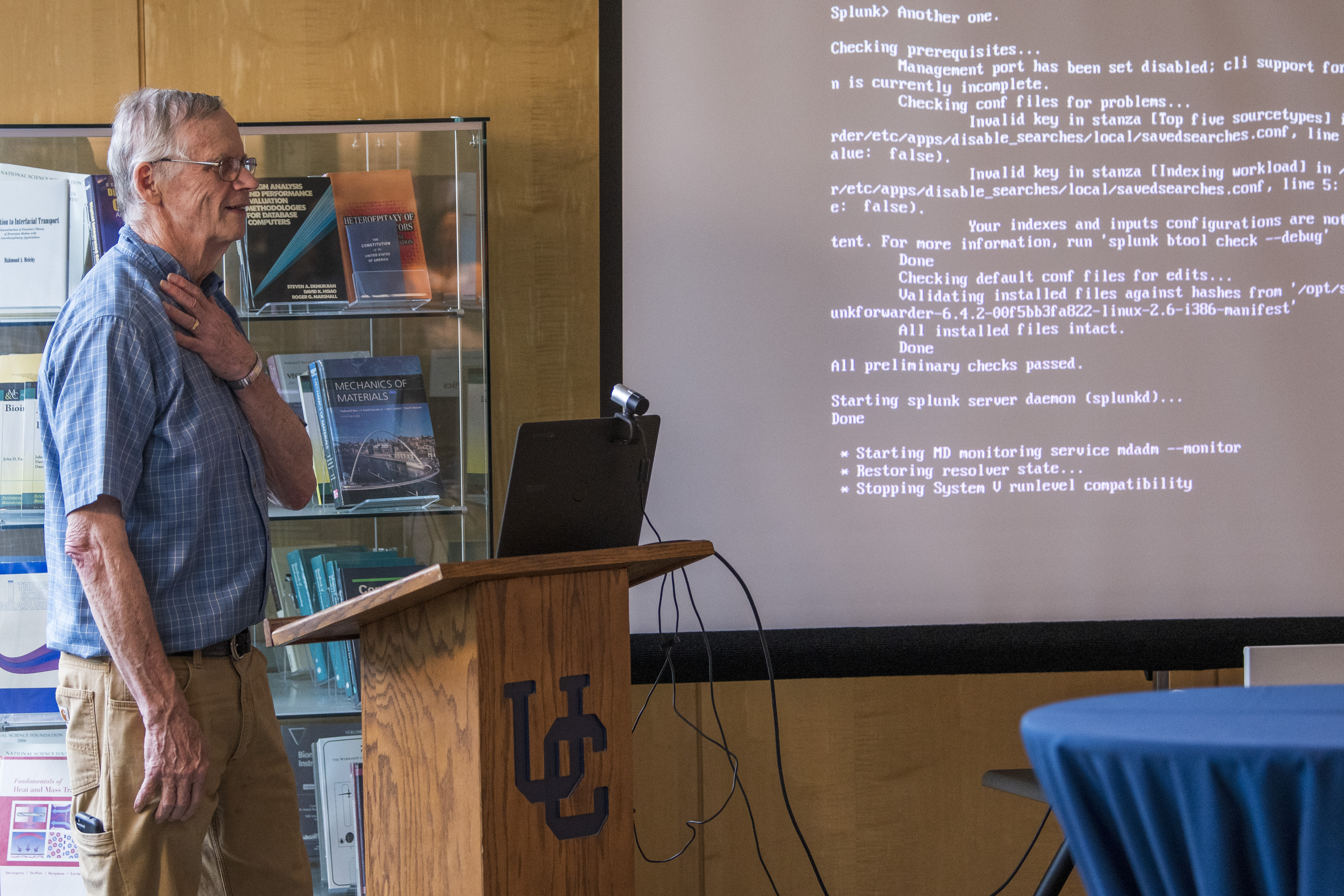 John Marshall, one of the pioneers at UConn who established the internet on campus, shutting down the old server for good at the Information Technologies Engineering Building (ITE) on June 25, 2019. (Sean Flynn/UConn Photo)
