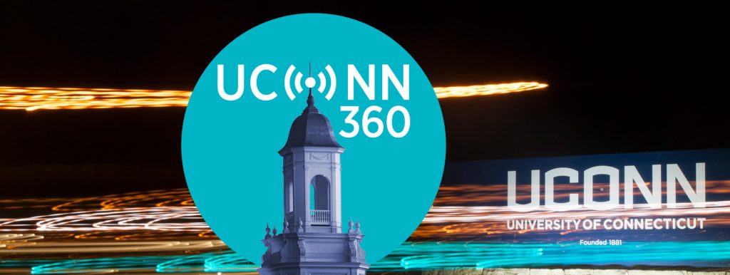 UConn 360 Podcast logo with the UConn gateway sign in the background