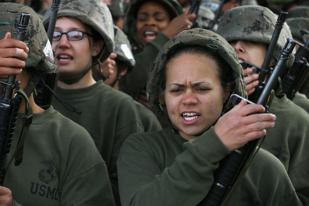 Marine recruits stand in formation following hand-to-hand combat training during boot camp at MCRD Parris Island, South Carolina. (Scott Olson/Getty Images)