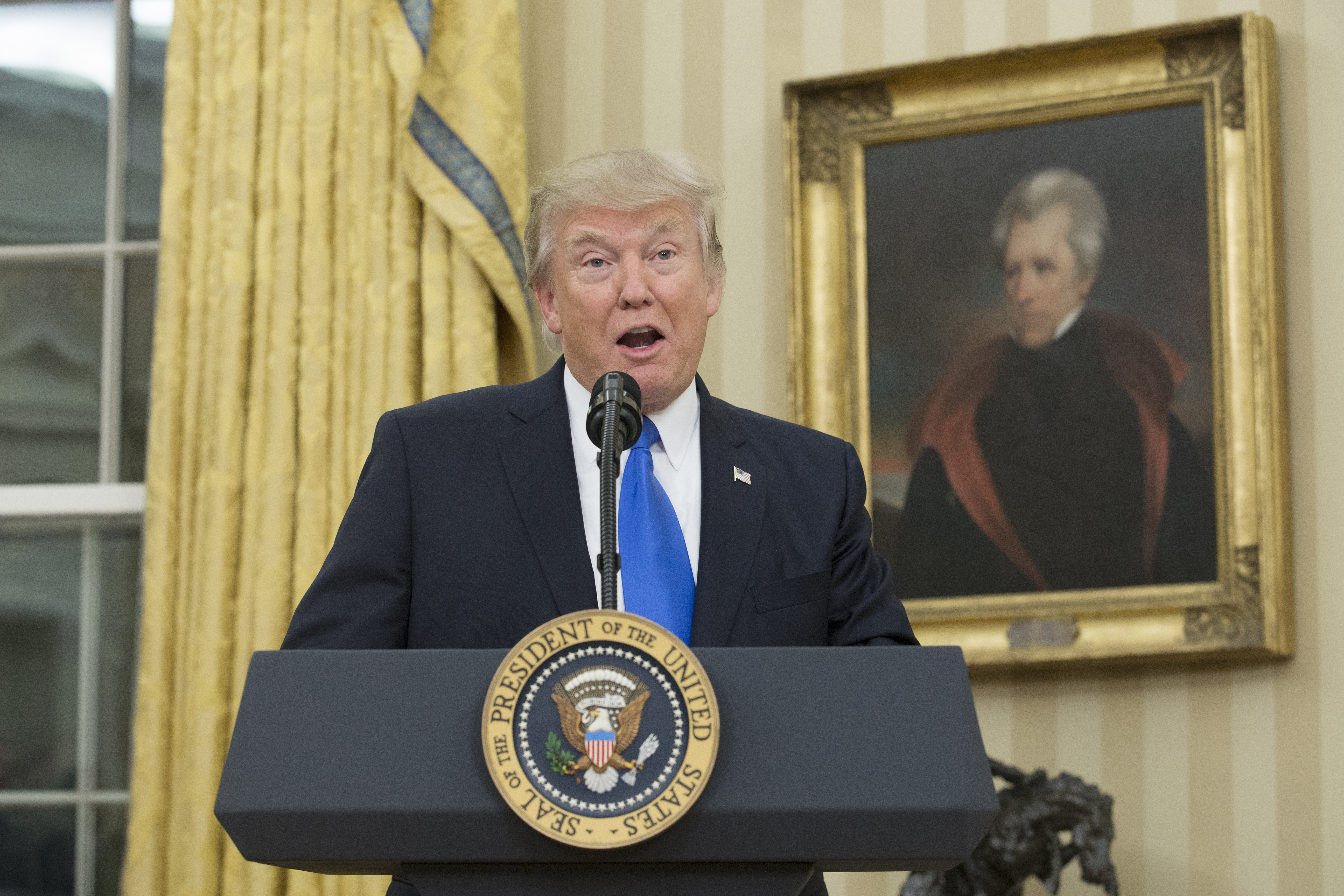 President Donald Trump stands before a portrait of President Andrew Jackson in the Oval Office.