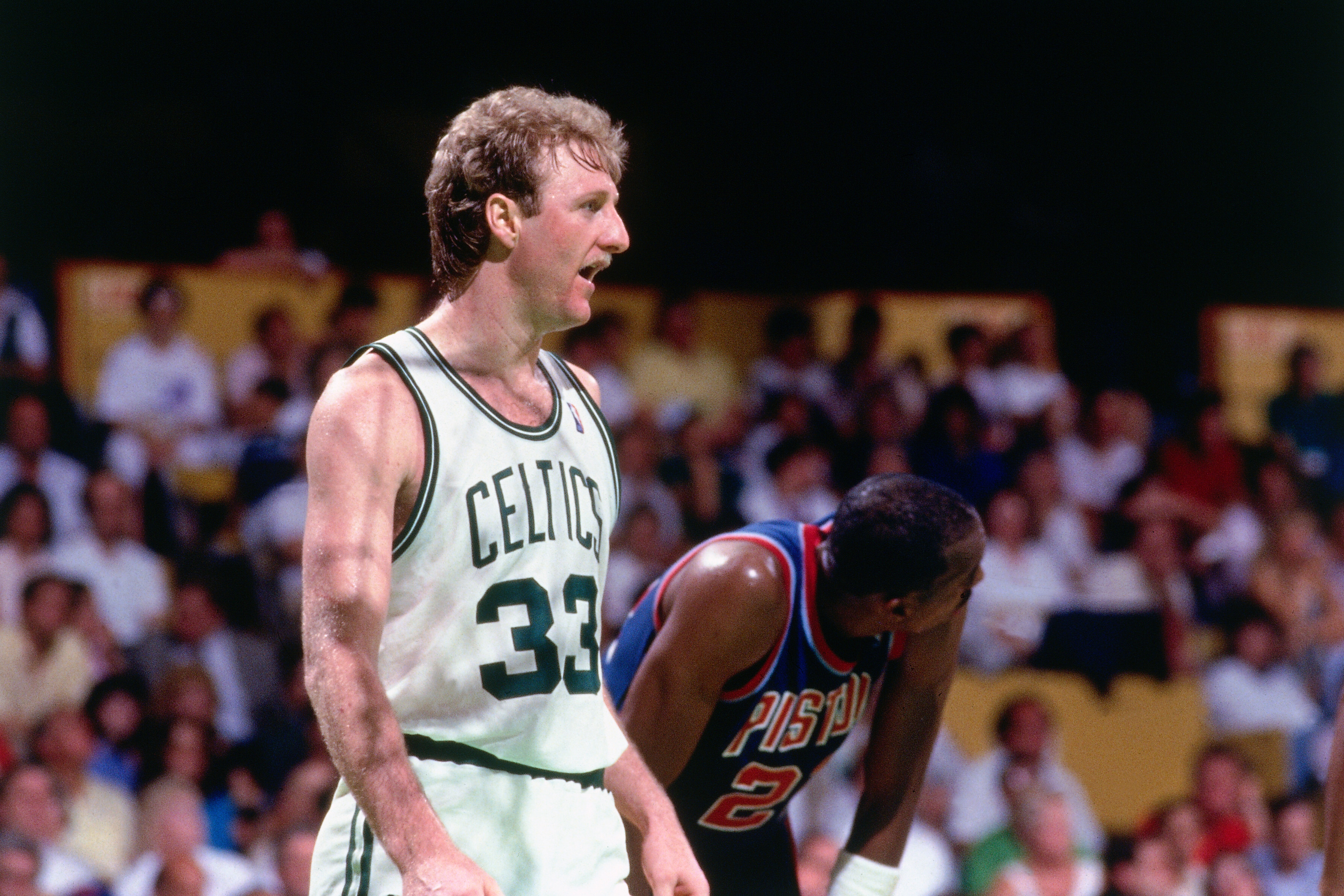 CIRCA 1987: Larry Bird #33 of the Boston Celtics playing the Pistons. (Photo by Jerry Wachter/Sports Imagery/Getty Images)