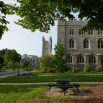 A view of Starr and Chase Halls at the UConn Law campus in Hartford on May 22, 2019. (Peter Morenus/UConn Photo)