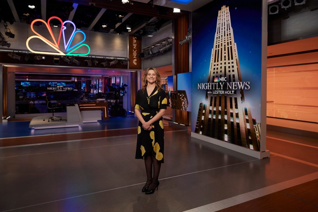 Jenn Suozzo '99 (CLAS) on the set of the NBC Nightly News at Rockefeller Center in Manhattan on May 9, 2019. (Peter Morenus/UConn Photo)