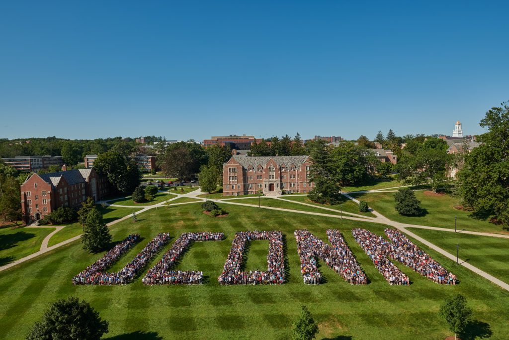 The Class of 2023 poses for a photo on the Great Lawn on Aug. 24, 2019. (Peter Morenus/UConn Photo)