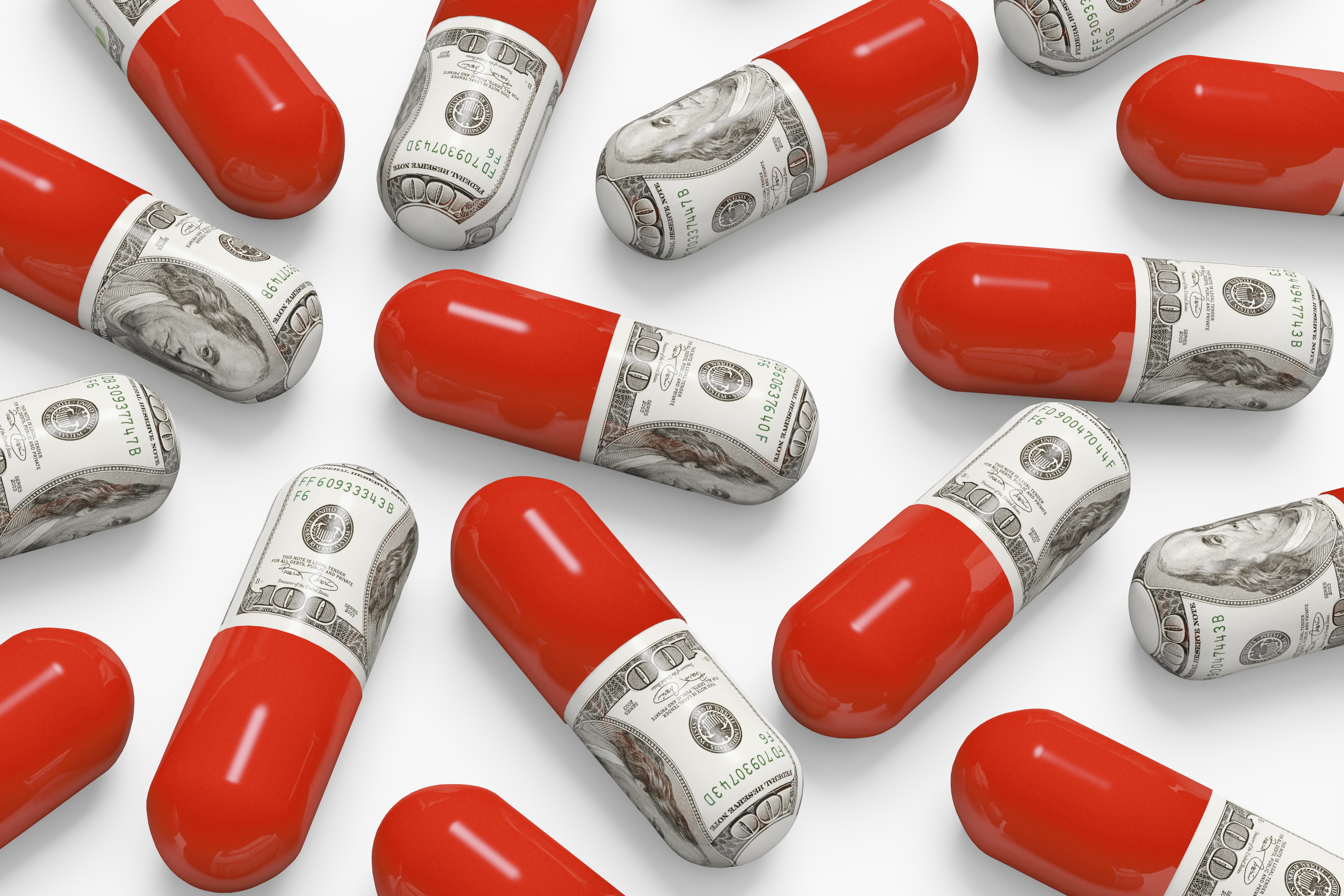 An illustration of pills decorated with hundred-dollar bills.