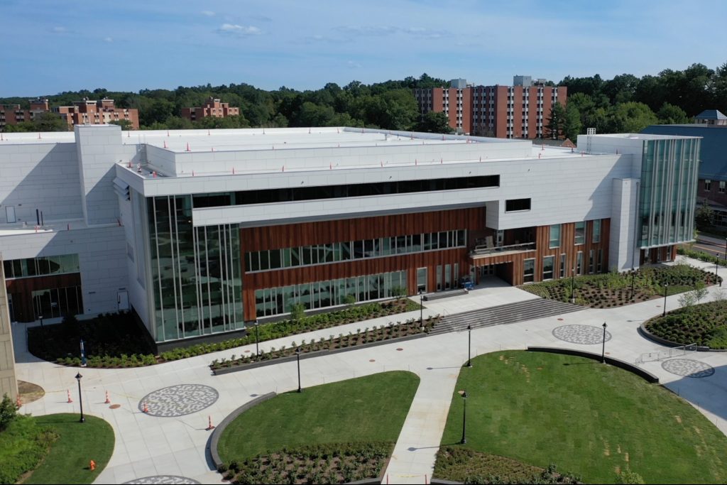 An overhead view of the new Student Recreation Center on a sunny day