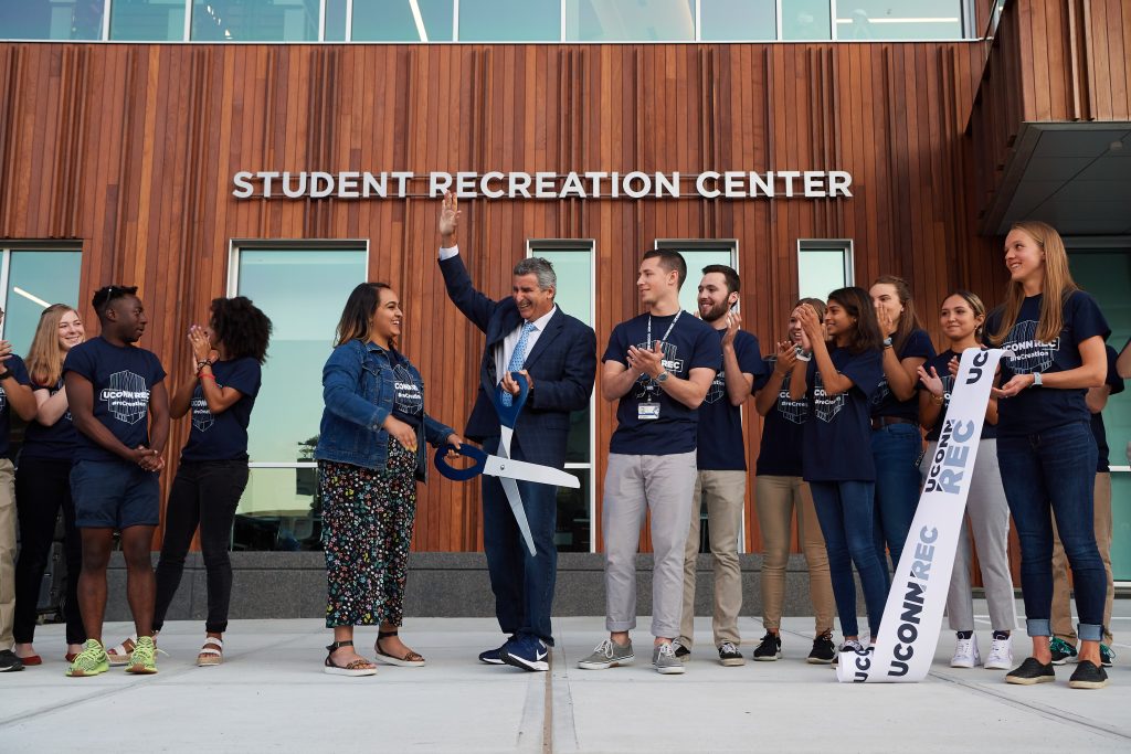 USG President Priyanka Thakkar '20 (BUS) and President Tom Katsouleas cut the ribbon to open the new Student Recreation Center. (Peter Morenus/UConn Photo)