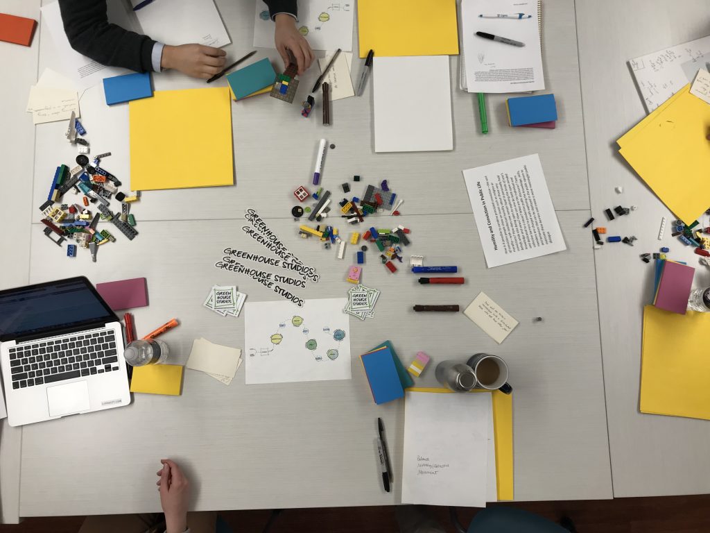 Aerial view of a design thinking session at Greenhouse Studios (UConn Photo)