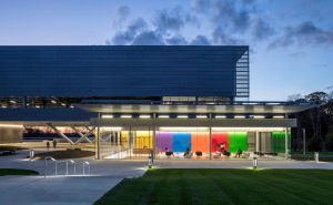 A view of the front of the Innovation Partnership Building on the UConn Storrs campus.