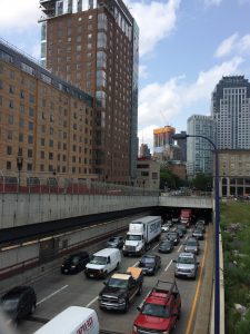 Housing near a busy roadway.